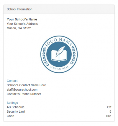  **Figure 1.** School information section of the admin homepage.